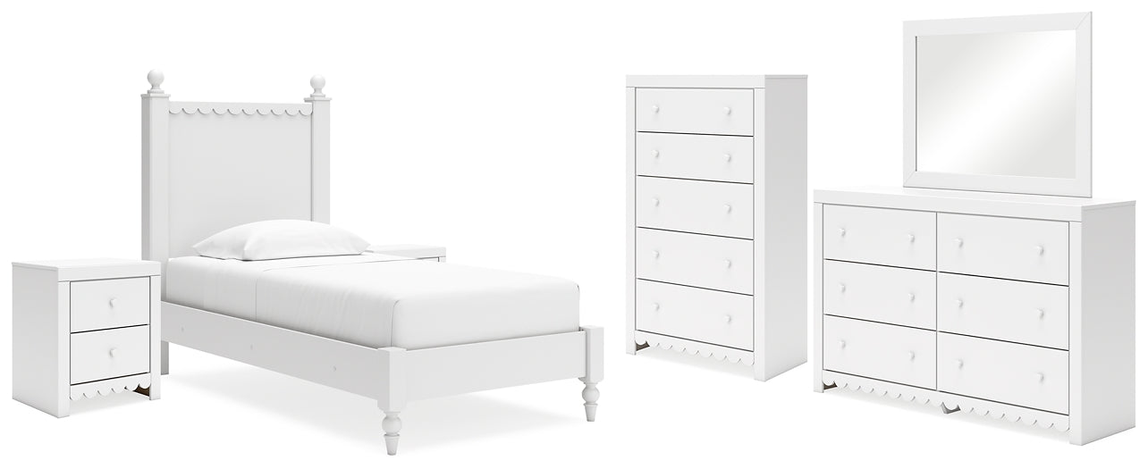 Mollviney Twin Panel Bed with Mirrored Dresser, Chest and 2 Nightstands