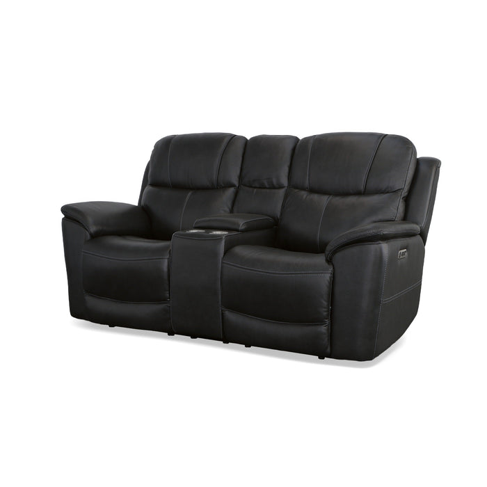 Crew Raven Leather Power Reclining Loveseat with Console, Power Headrests & Lumbar