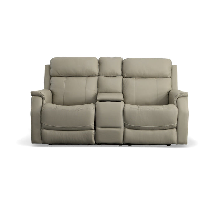 Easton Dove Leather Power Reclining Loveseat with Console, Power Headrests & Lumbar