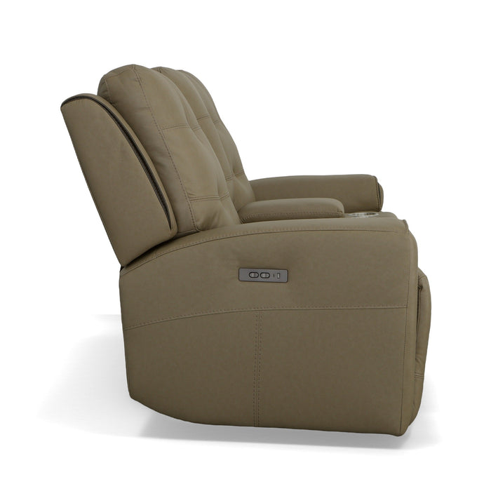 Iris Khaki Leather Power Reclining Loveseat with Console & Power Headrests