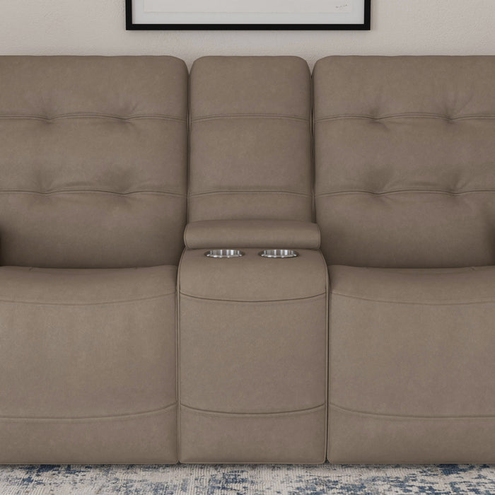 Iris Khaki Leather Power Reclining Loveseat with Console & Power Headrests