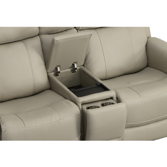 Easton Dove Leather Power Reclining Loveseat with Console, Power Headrests & Lumbar