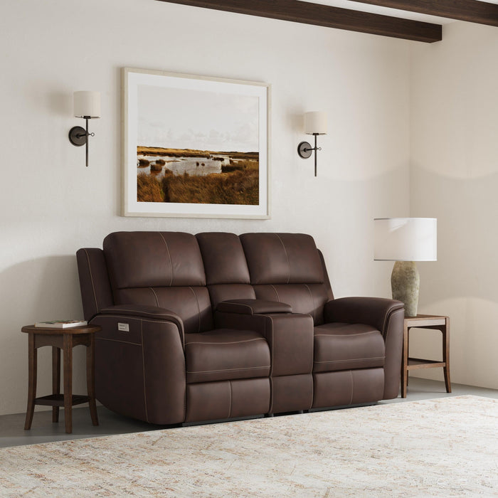 Henry Burnt Umber Leather Power Reclining Loveseat with Console & Power Headrests & Lumbar