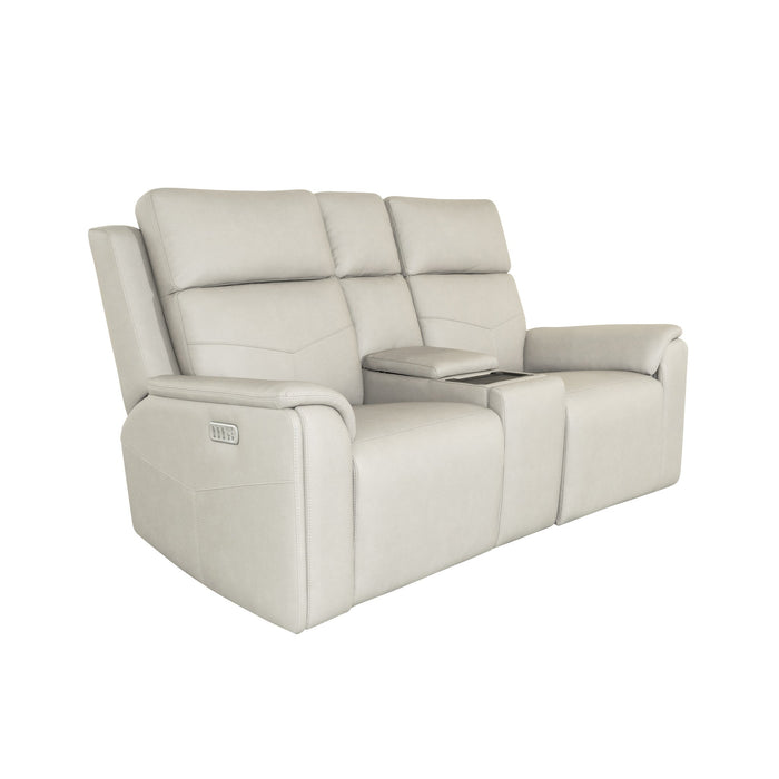 Vernon Dove Grey Fabric Power Reclining Loveseat with Console, Power Headrests, Lumbar, Heat & Massage