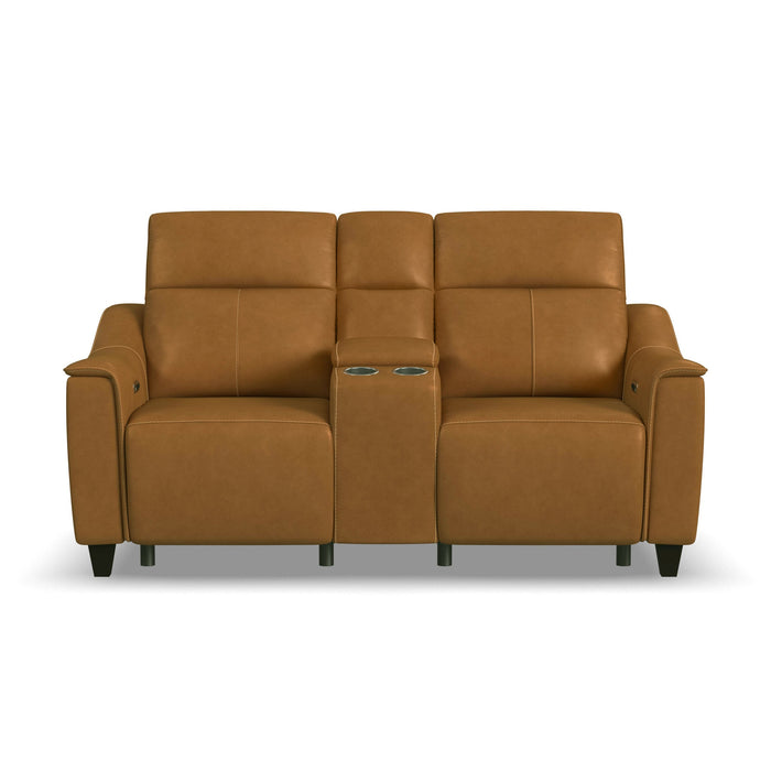 Walter Honey Leather Power Reclining Loveseat with Console & Power Headrests