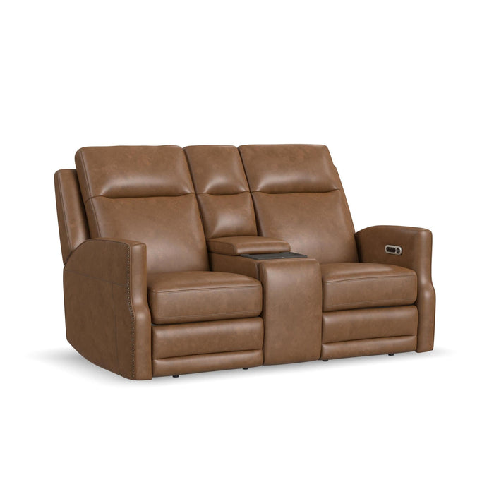 Maxwell Cedar Leather Power Reclining Loveseat with Console, Power Headrests and Lumbar