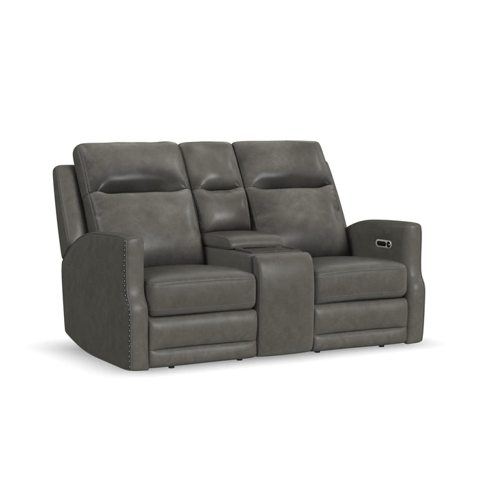 Maxwell Cinder Leather Power Reclining Loveseat with Console, Power Headrests and Lumbar