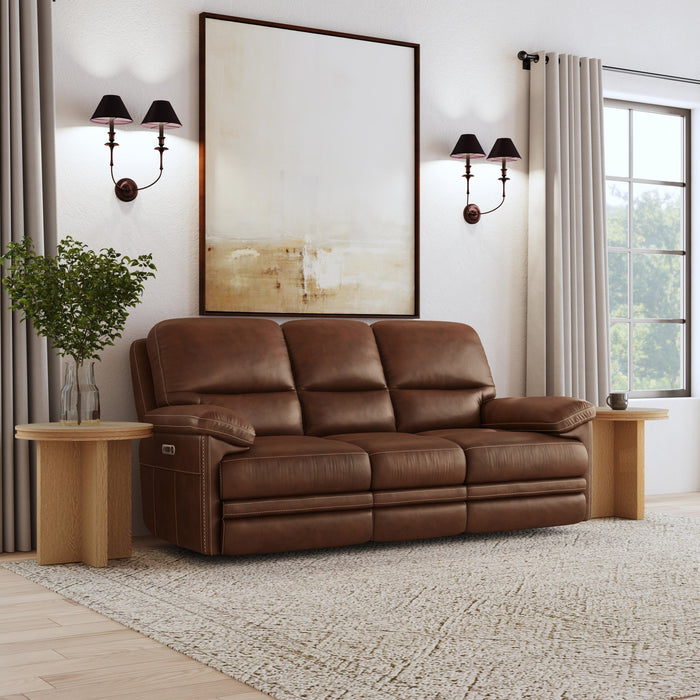 David Pecan Leather Power Reclining Sofa with Power Headrests & Lumbar