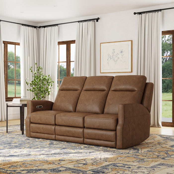 Maxwell Cedar Leather Power Reclining Sofa with Power Headrests and Lumbar