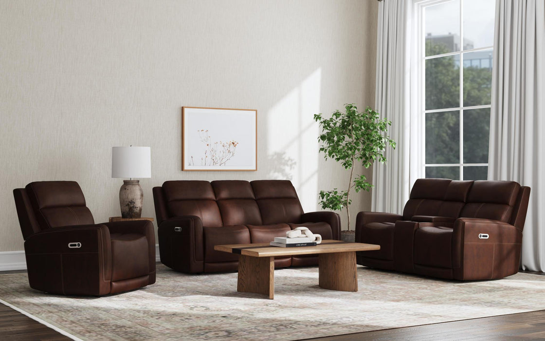 Alister Burnt Umber Leather Power Gliding Loveseat with Console, Power Headrests & Lumbar