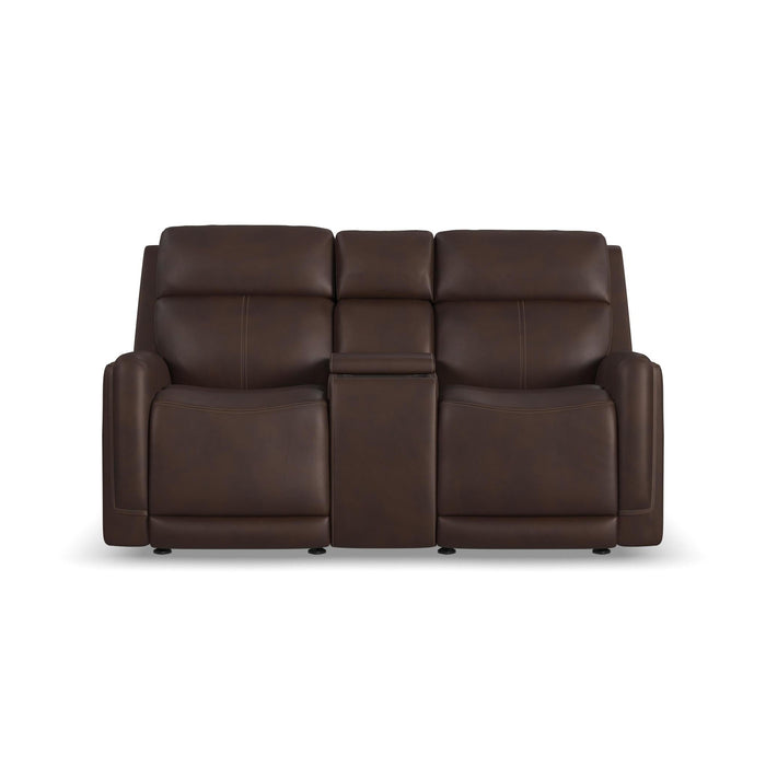 Alister Burnt Umber Leather Power Gliding Loveseat with Console, Power Headrests & Lumbar