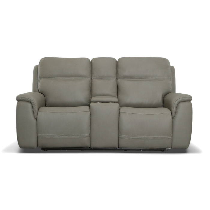 Sawyer Grey Leather Pwr Recl Loveseat w/ Console, Pwr Hdrsts, Lumbar