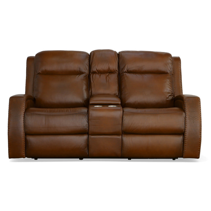 Mustang Rust Leather Power Loveseat with Console with Power Headrest